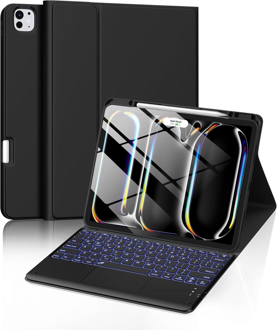 Harvopu for iPad Pro 13 Inch Case with Keyboard (M5/M4) 2025/2024, Magnetic Wireless Detachable Keyboard with Multi-Touch Trackpad 7 Colors Backlit Stain Proof Folio Cover for iPad Pro 13 Inch, Black