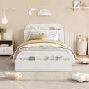 Garvee Twin Size Low Platform Bed Frame, Sturdy Wood Bed with Storage Headboard, Raised Footboard & Sturdy Wooden Slats, No Box Spring Required, White