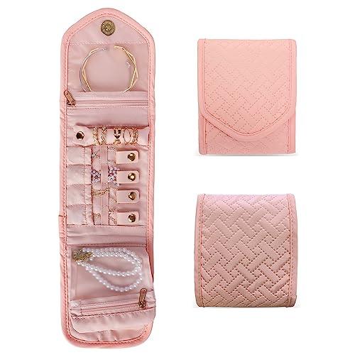 Emissary Small Jewelry Travel Case Organizer for Necklace, Earrings, Rings, Bracelet, Jewelry Storage, Earring Storage, Necklace Storage, Valentines Day Gifts Pouch Bag Accessories for Travel (Pink)