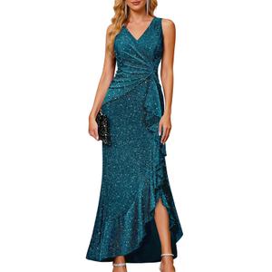 BeryLove Sequin Formal Wedding Guest Prom Cocktail Party Long Ruffle Dresses Sparkly Evening Mother of The Bride Dress (Medium, Teal Blue)