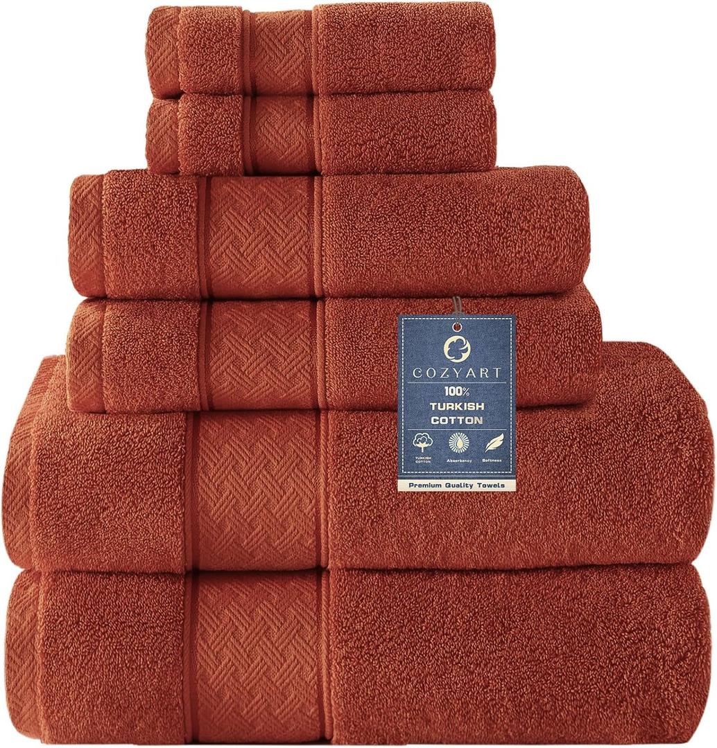 COZYART Burnt Orange Bath Towel Set 6 Piece, Luxury 100% Turkish Cotton 650GSM Hotel Quality, Soft, Absorbent, Towel Sets for Bathroom with 2 Bath Towels 2 Hand Towels 2 Washcloths