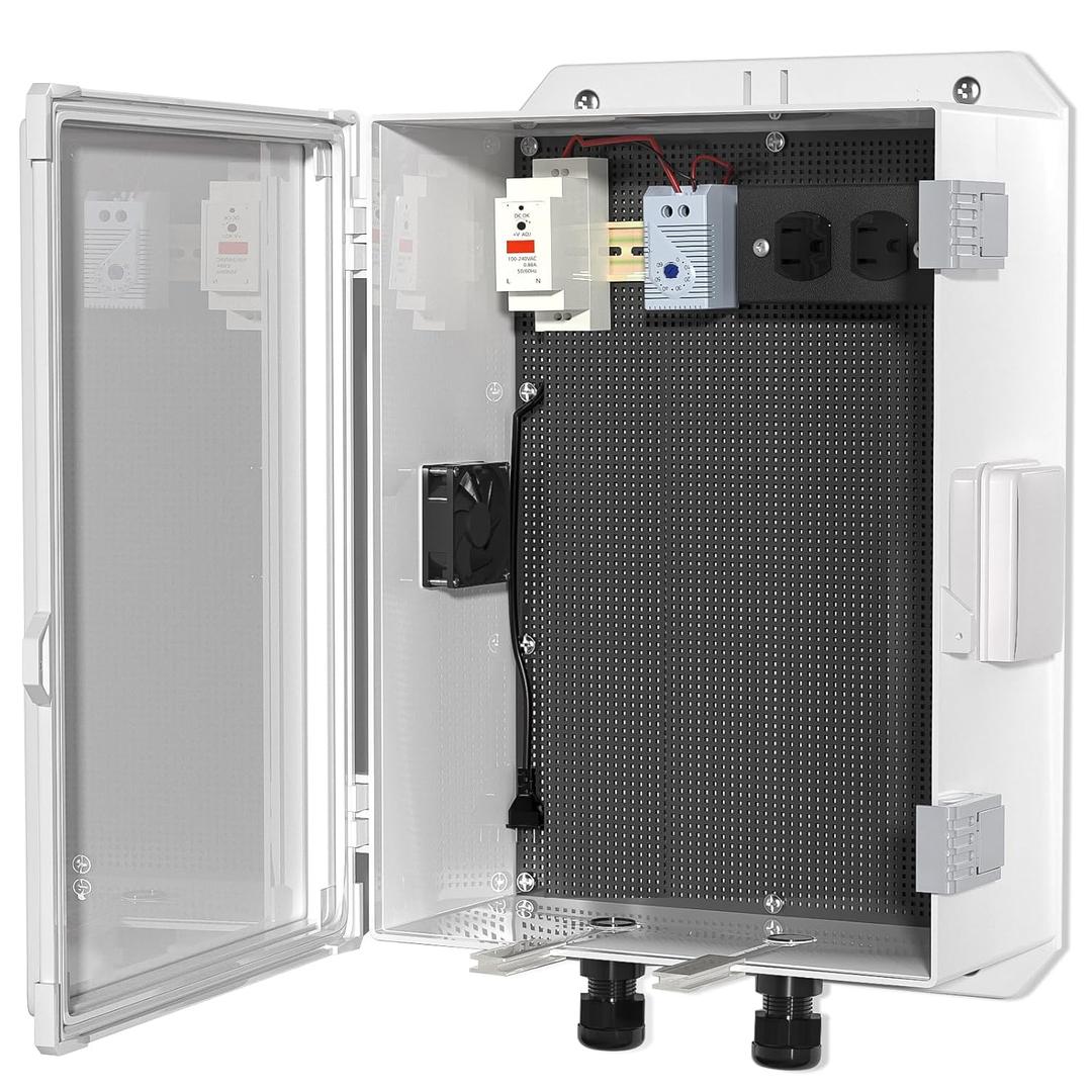ABS Electrical Enclosure Box with Power Outlet & Thermostat, Ventilated Design for Heat Dissipation, Indoor & Outdoor Use (15.8" H* 11.2" L* 6" W)
