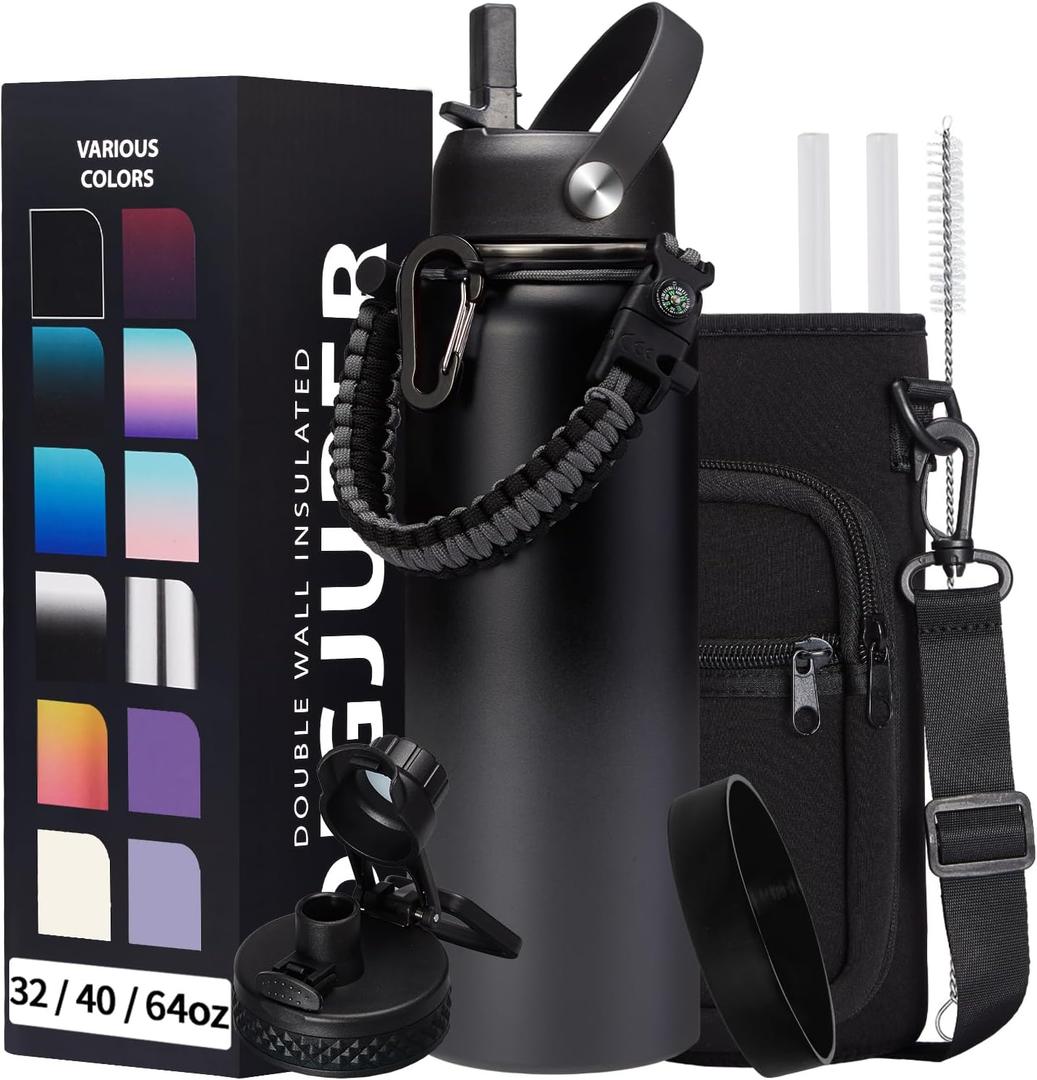 Vacuum Insulated Water Bottle 40oz - w/Straw Lid & Spout Lid, Carrier Bag, Paracord Handle, Bottle Boot, Stainless Steel Water Bottle for Adults, Wide Mouth Thermo Bottle Flask Cold-48H Hot-24H (Black Gray Gradient)