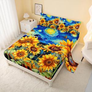 AILONEN Oil Sunflower Fitted Sheets Queen Size,Flowers Sunflower Paint Bedding Set for Kids Teens Girls Women,Yellow Floral Bed Sheets,4Pcs,1 Flat Sheet + 1 Fitted Sheet + 2 Pillowcases