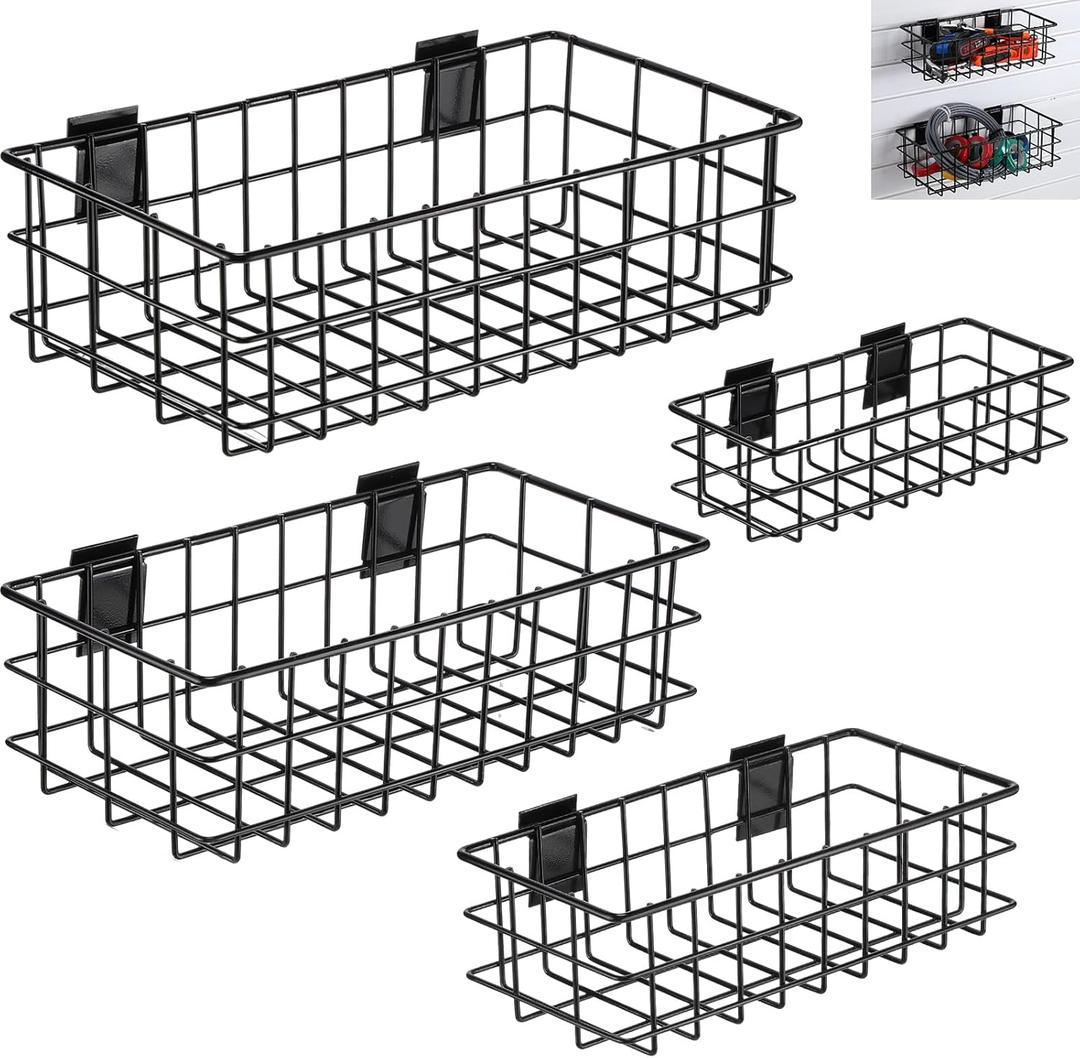 Menkxi 4 Pcs Slatwall Baskets Set Black Ventilated Metal Slatwall Baskets Multiple Sizes Hanging Mounted Storage Accessories for Garage Rooms Shops Panels Storage Display Organizing