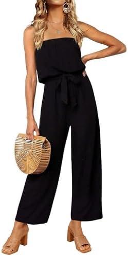ZESICA Women's Casual Off Shoulder Solid Color Strapless Belted Wide Leg Jumpsuit Romper M