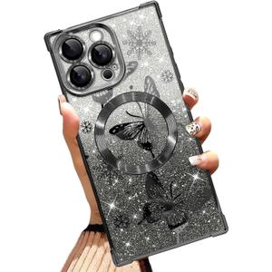 Magnetic Case Made for iPhone 16 Pro Max 6.9 Inch (Compatible with MagSafe) Glitter Phone Case with Black Butterfly Design Soft TPU Reinforced Corners Shockproof Bling Phone Cover for Women