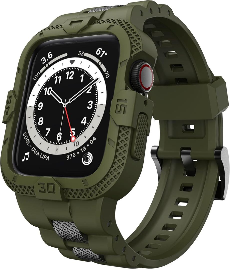 GELISHI Bands Compatible for Apple Watch Band 46mm 45mm 44mm 42mm, Men Sport Rugged Band with Protective Case for Watch Series 10 9 8 7/Series 6 SE 5 4 3 (Army Green)