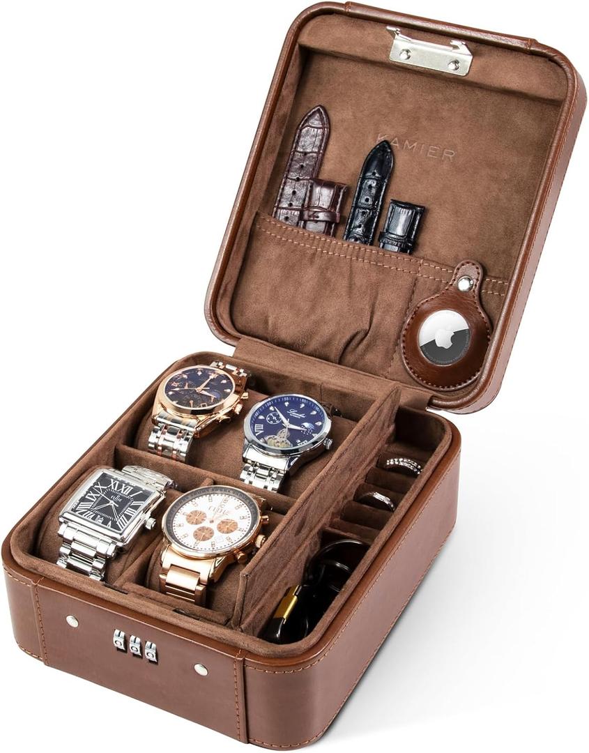 KAMIER Watch Case with Combination Lock - 4 Watch Storage and Jewelry Organizer - Watch Travel Case for Ring and Watch Storage, PU Leather Travel Watch Case, Ideal for Gift (With Gift Box), Brown