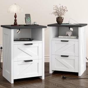 Farmhouse Night Stand Set of 2 with Charging Station, Bedside Table w/2 Drawers & Storage, Rustic End Tables for Bedroom, Living Room, Small Spaces, Home Office, White, 13.4"D x 15.8"W x 23.5"H