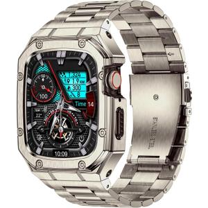 BAITEYOU Stainless Steel Watch Band with Case Compatible with Apple Watch Series 9 8 7 45mm, Rugged Strap with Metal Protective Bumper Cover for iWatch Bands Men (Titanium Color)