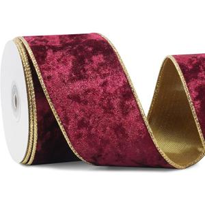 Burgundy Wired Velvet Ribbon, Maroon Christmas Ribbon Wired, 2.5 inch  10 Yards Wide Wine and Gold Ribbons for Christmas Tree Topper Bow Ornaments, Gift Wrapping, Wreaths Garland Crafts, Home Decor
