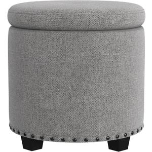 Homepop Home Decor | Upholstered Round Storage Ottoman with Nailheads| Ottoman with Storage for Living Room & Bedroom, Grey Woven
