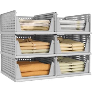 Pinkpum Grey 6 Pack Closet Organizers Storage Bins, Stackable Plastic Drawer Basket for Clothing, Stackable Storage Bins Shelf Storage Container for Closet Wardrobe Bedroom Bathroom Office (Gray)