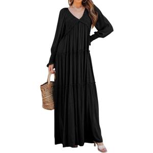 R.Vivimos Maxi Dress for Women Long Sleeve V Neck Empire Waist Layered Ruffle Boho Casual Flowy Long Dresses (Large, Black)