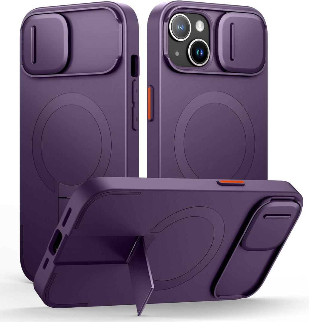 SURITCH for iPhone 13/14 Case with Magnetic Camera Slide Cover and Adjustable Kickstand, Compatible with MagSafe, Shockproof Bumper Case Slim Protective Cover for iPhone 13/14 6.1 Inch, Dark Purple