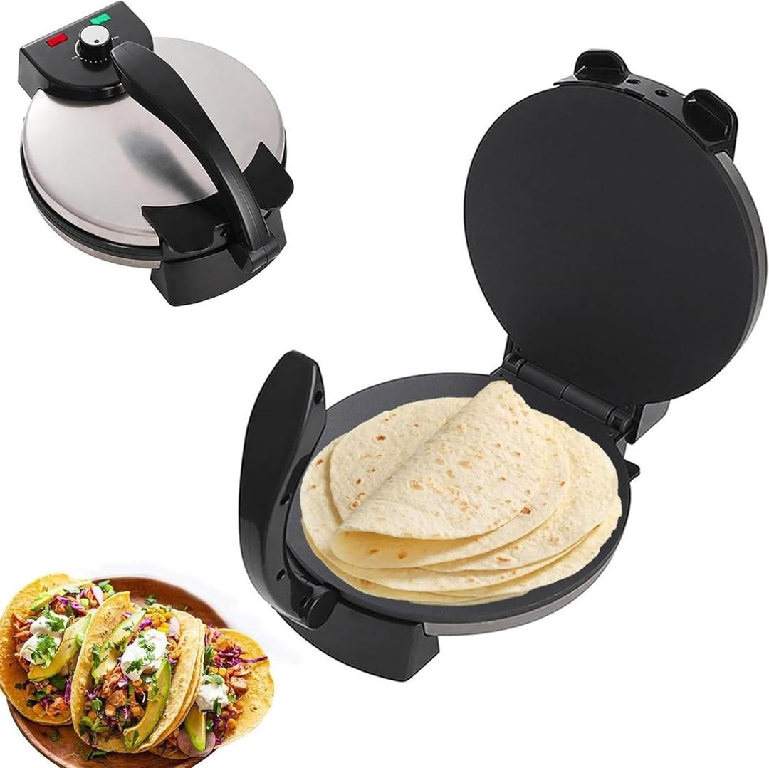 12 Inch Electric Tortilla and Roti Maker Press Non-Stick Surface, Adjustable Temperature, Compact Flatbread Machine, Silver, One Size