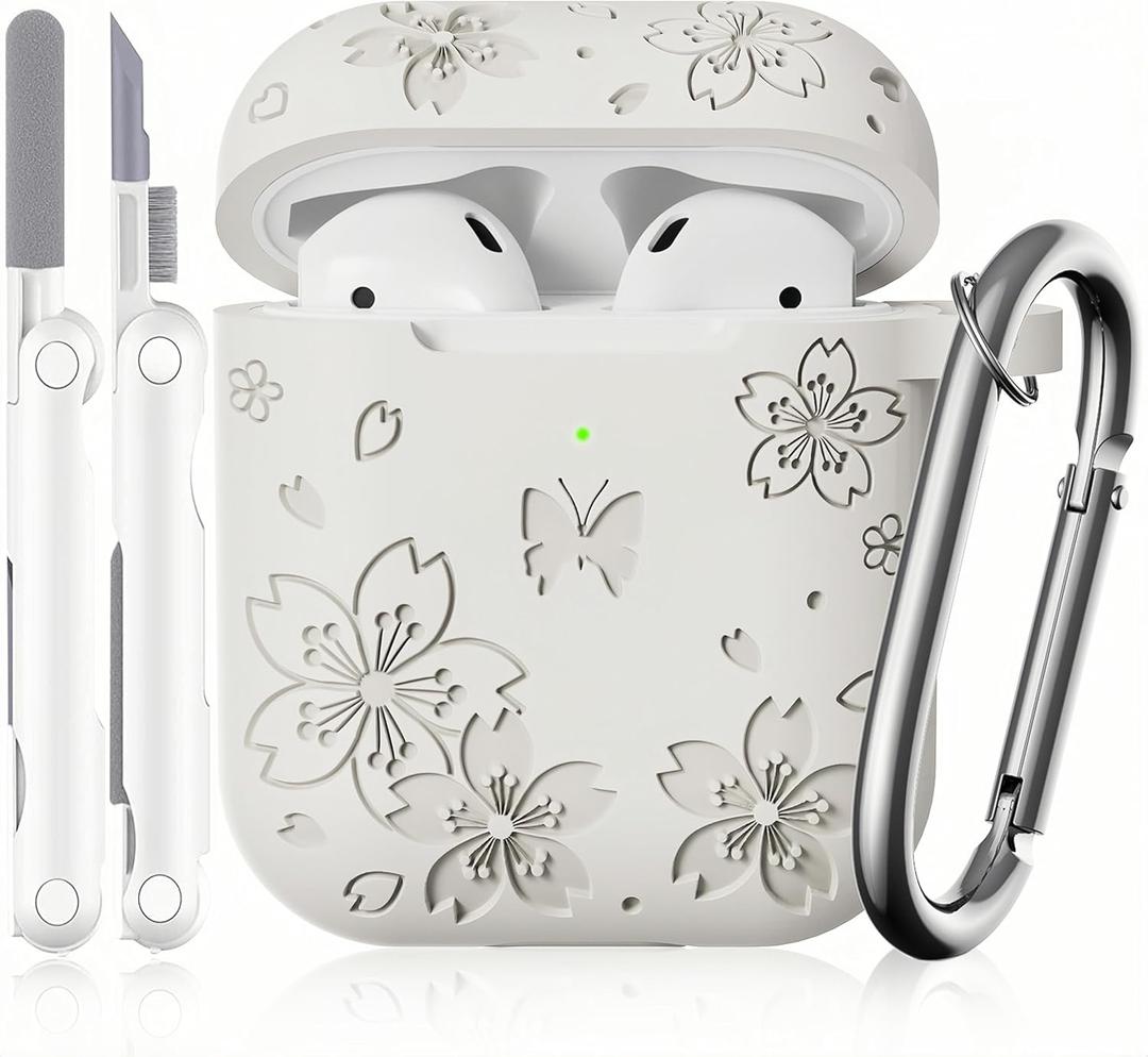 Compatible with Airpod Case - Butterfly Flowers Engraved Design for Airpods Case 2nd/1st Generation - Silicone Case for Airpods 2nd Generation Case with Cleaner Kit & Keychain (White)