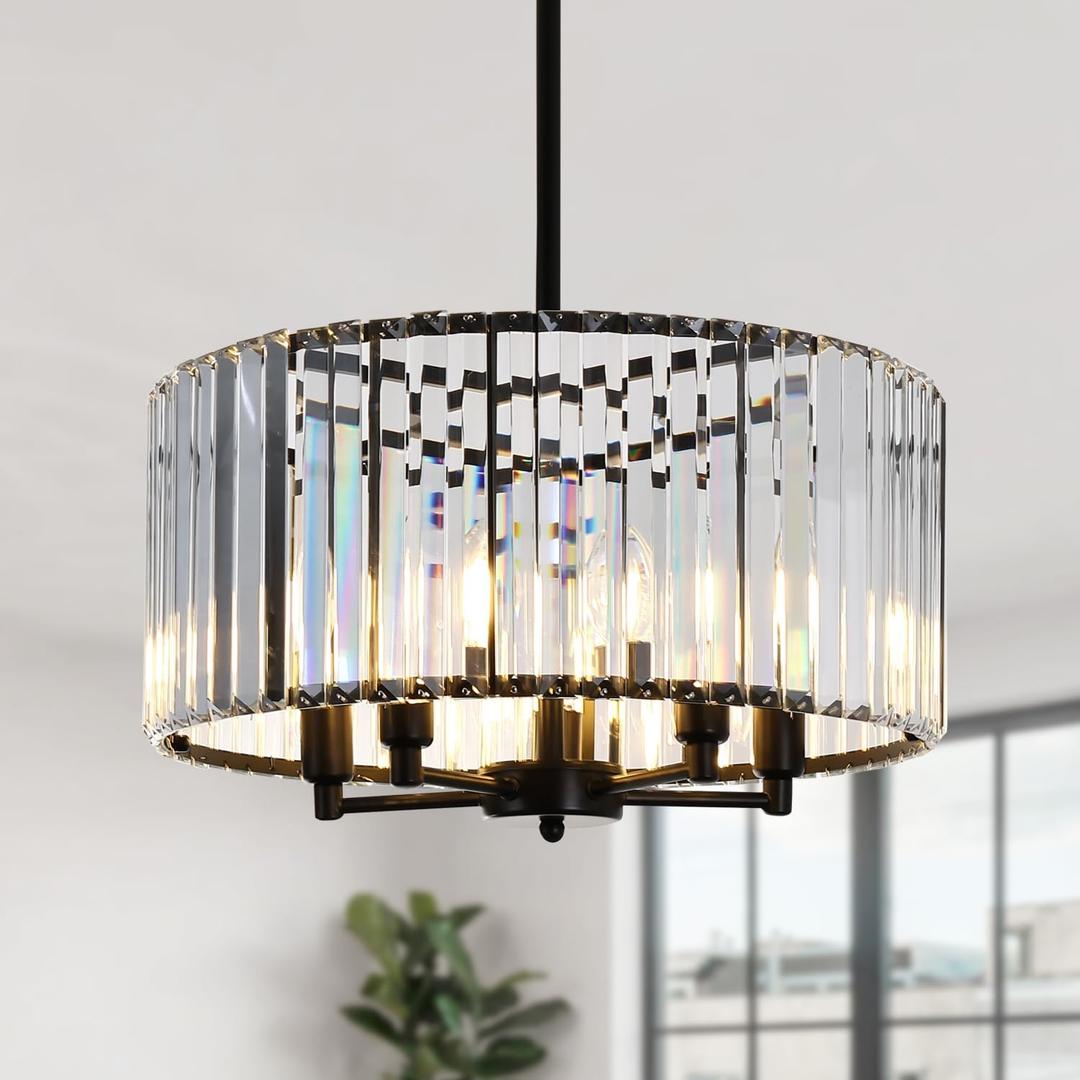 KELUOLY Farmhouse Drum Crystal Chandeliers, 5-Light Black Modern Round Ceiling Hanging Light Fixture, 17.7" Farmhouse Pendant Lighting for Bedroom Dining Room Kitchen Island Living Room Entryway Bar