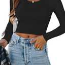 REORIA Women's Basic Casual Long Sleeve Crew Neck Double Lined Tight T Shirts Crop Tops Basic Tee Tops (Black) S