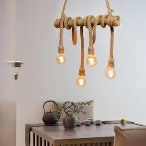 Arturesthome 4 Heads Hemp Rope Ceiling Pendant Light, Vintage Bamboo Chandeliers Decoration, Rustic Industrial Hanging Lamp for Bedroom Restaurant Cafe Bar, 4 Lights/W 22.7in