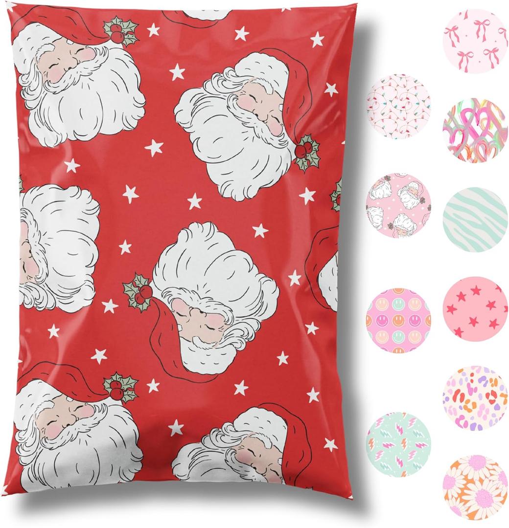 14.5x19 Christmas Holiday Designer Poly Mailers 100 Pack Heavy Duty Waterproof Self Seal Shipping Bags Large Mailing Envelopes Bulk Tear Resistant Cute Packaging Red Santa