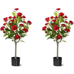 3FT Artificial Camellia Tree 2 Pack, Artificial Plants Outdoor Faux Floral Plant in Cement Pot Fake Silk Camellia Tree Plants for Home House Living Room Office Decor