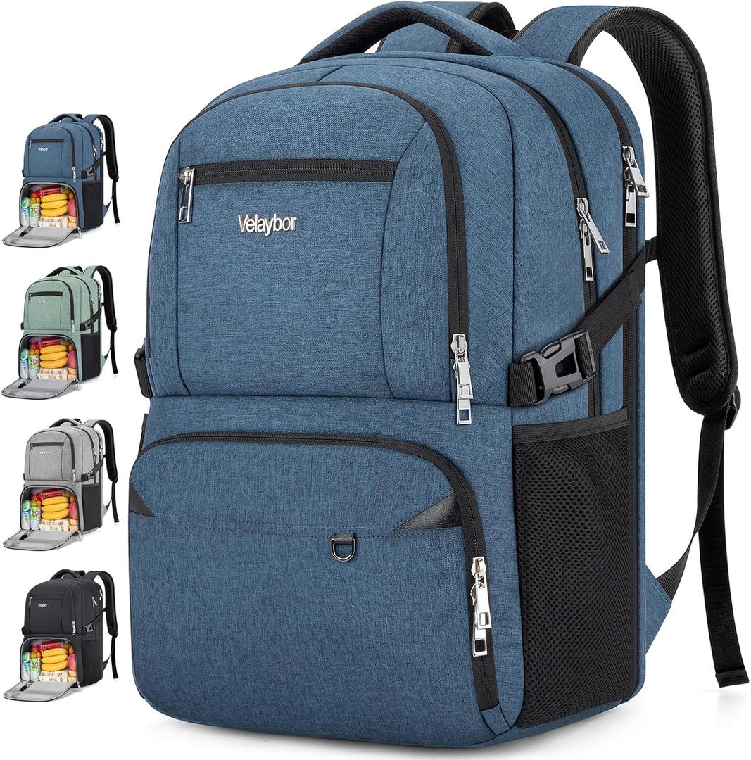 Insulated Lunch Backpack Fit 17" Laptop, Work Backpack with Lunch Box & USB Charging Port for Men & Women, Water Resistant College Computer Bag for Travel, Business, Hiking (Blue)