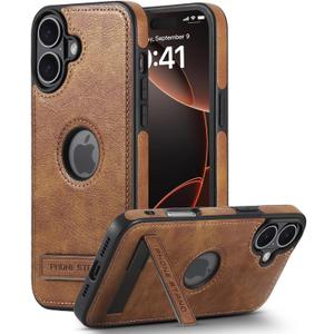 Leather Case for iPhone 16 Plus Case, Protective Slim with Kickstand Shockproof Phone Cases, Built-in Invisible Stand Compatible with iPhone 16 Plus 6.7'', Brown