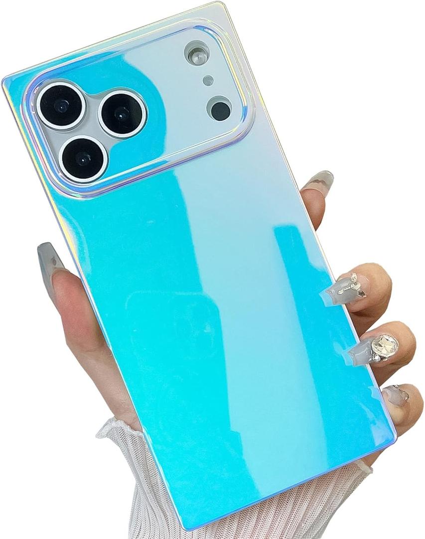 Cute Holographic Compatible with iPhone Rectangle Case, Slim Colorful Glossy Soft TPU Protective Durable Cases Cover for Women Girls(Blueray, 17 Pro Max)