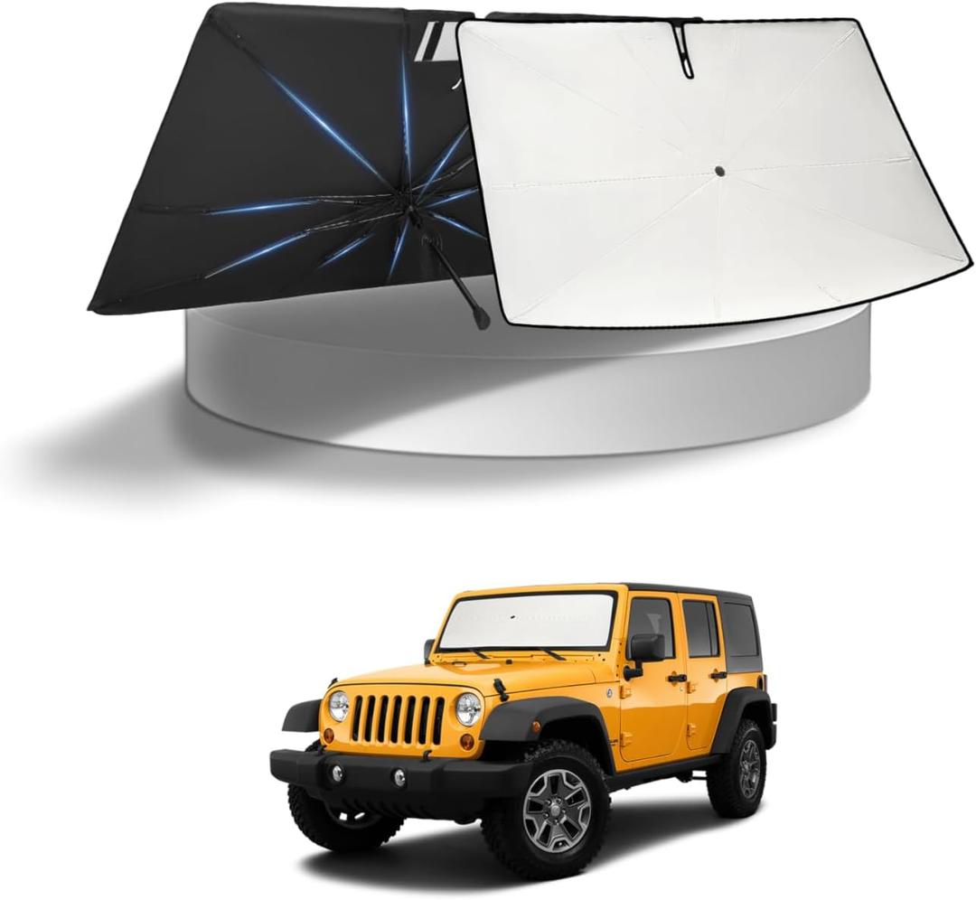 KUST Sun Shade Umbrella for Jeep Wrangler/Wrangler JL 2018-2025 2026 | Custom Fit Windshield Sunshade | Foldable Sunshade with Bendable Handle | Blocks Heat & UV Rays Keep Car Cool Sunshield