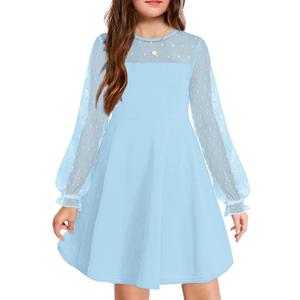 Arshiner Girl's Contrast Mesh Puff Long Sleeve High Waist A Line Short Dress with Pockets for 6-13 Years (Light Blue)