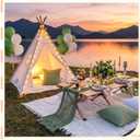 7 Pcs Boho Camping Decor Set with Teepee Tent, Large Picnic Blanket 71x71, 4 Pillow Covers & Table Runner, Aesthetic Glamping Kit for Indoor Outdoor Party, Proposal, Photoshoot(Sage Green)