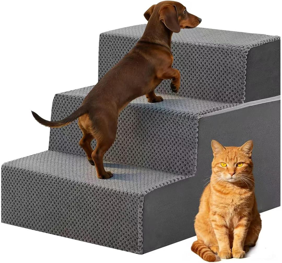 DUMOS Dog Stairs for Small Dogs, 3-Steps Non-Slip Balanced Indoor Foldable Dog Steps with Density Foam & Washable Cover, Cat Puppy Old Pet Stairs for High Bed, Couch, Sofa - Grey, 18" H