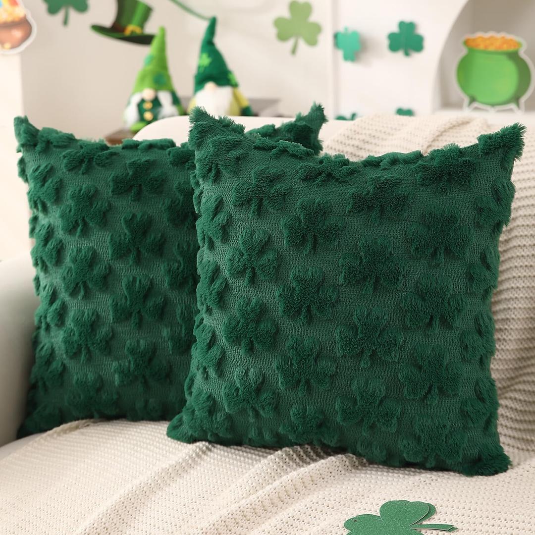 DFXSZ St Patricks Day Pillow Covers 16x16 inch Set of 2 St Patricks Day Decorations Green Shamrock Soft Plush Faux Fur Jacquard Throw Pillows for Bedroom Sofa Holiday Festivals Home Decor