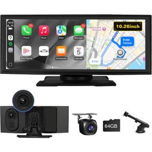 10.26'' Wireless CarPlay Screen for Car with 4K Dash Cam & 1080P Backup Camera, Apple Car Play & Android Auto Car Stereo HD Touchscreen, GPS Navigation & Mirror Link