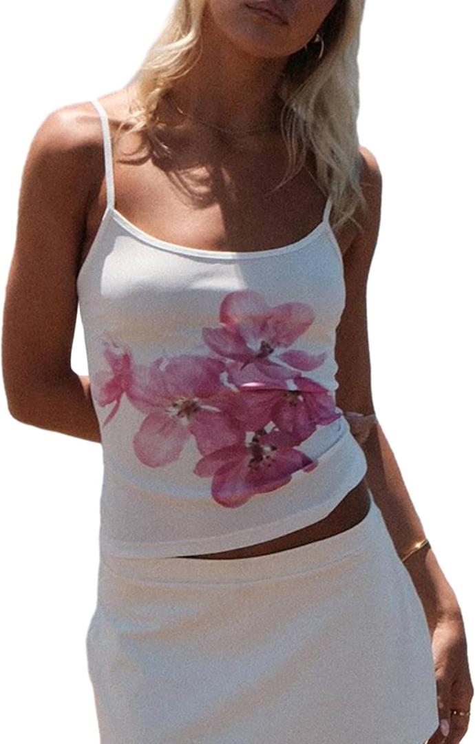 Multitrust Women Sleeveless Floral Crop Tank Tops Slim Fit Y2K Spaghetti Strap Going Out Tops Scoop Neck Vintage Grunge Cami Top (E White, L), Large