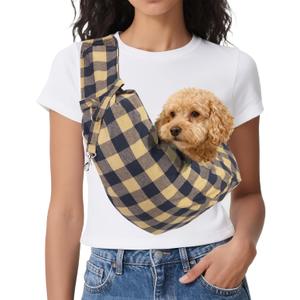 Dog Sling Carrier for Small Dogs and Cats Up to 16.5 Lbs, Adjustable Buckle with Pocket Pet Sling Carrier Safety Harness, (Khaki Grid, 1 Pcs) Intended for Outdoor/Camp/Travel