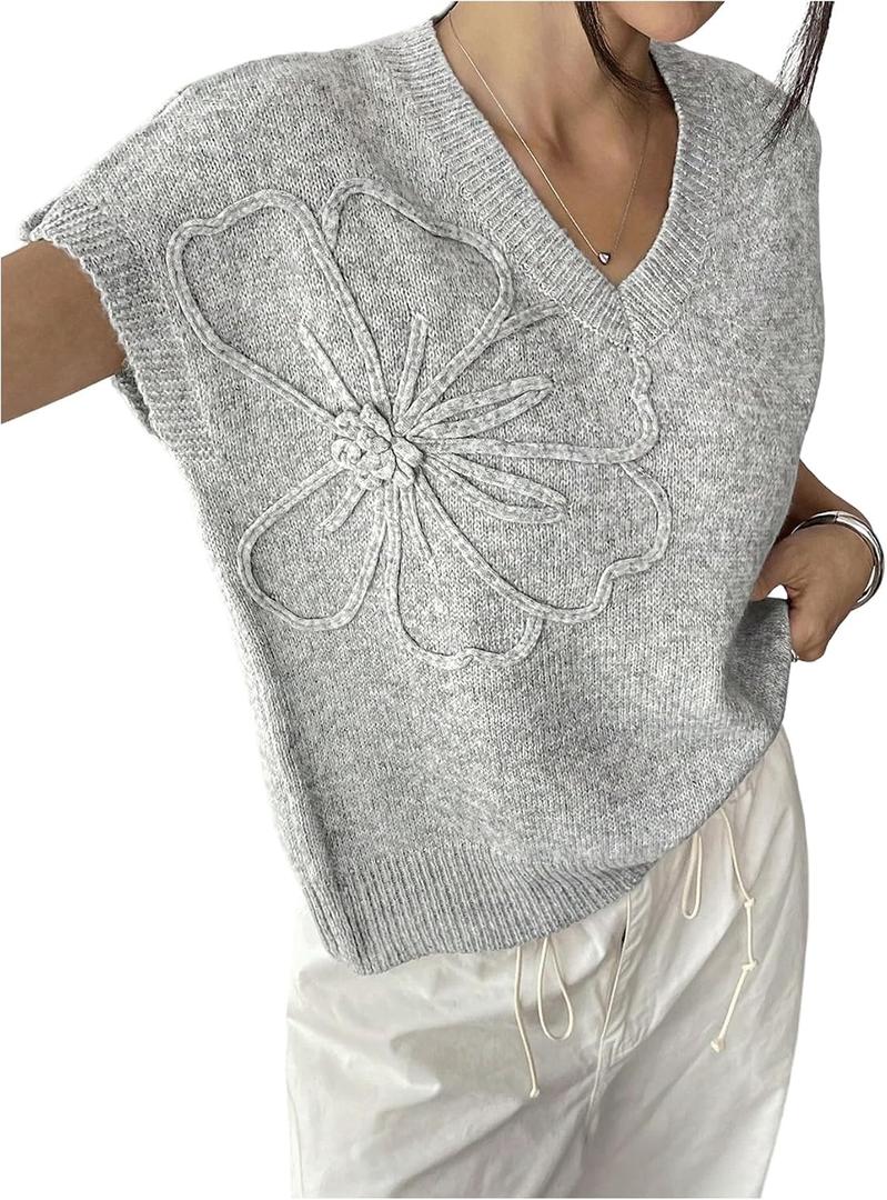 RoseSeek Women's 3D Floral Appliques V Neck Sweaters Short Sleeve Knit Tops Elegant Pullover Tops (XL)