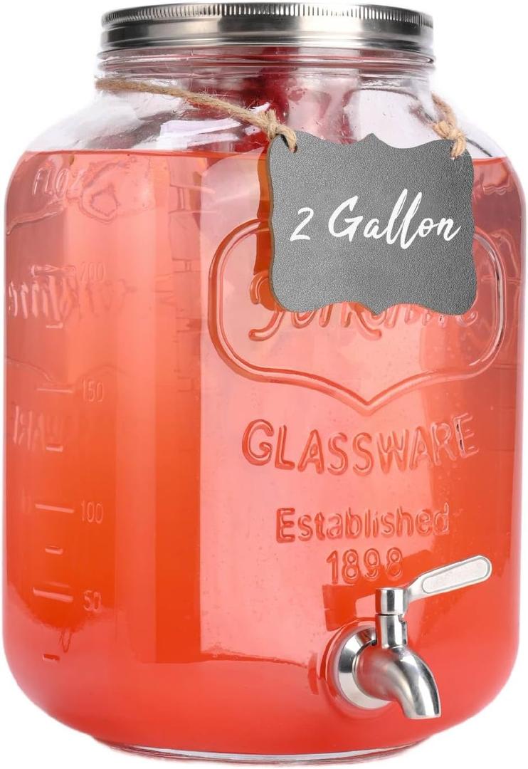 2 Gallon Glass Drink Dispenser For Parties,Beverage Dispenser,Lemonade Dispenser with 18/8 Stainless Steel Spigot Leakproof for Sun Tea, Picnic,Homemade Juice