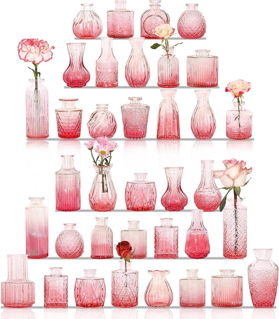 32Pcs Valentine's Day Bud Vases Set Small Vintage Glass Bottles Pink Bud Vases in Bulk Multiple Shape Cute Glass Vases for Rustic Wedding Centerpieces Table Decorations and Home Decor(Pink)