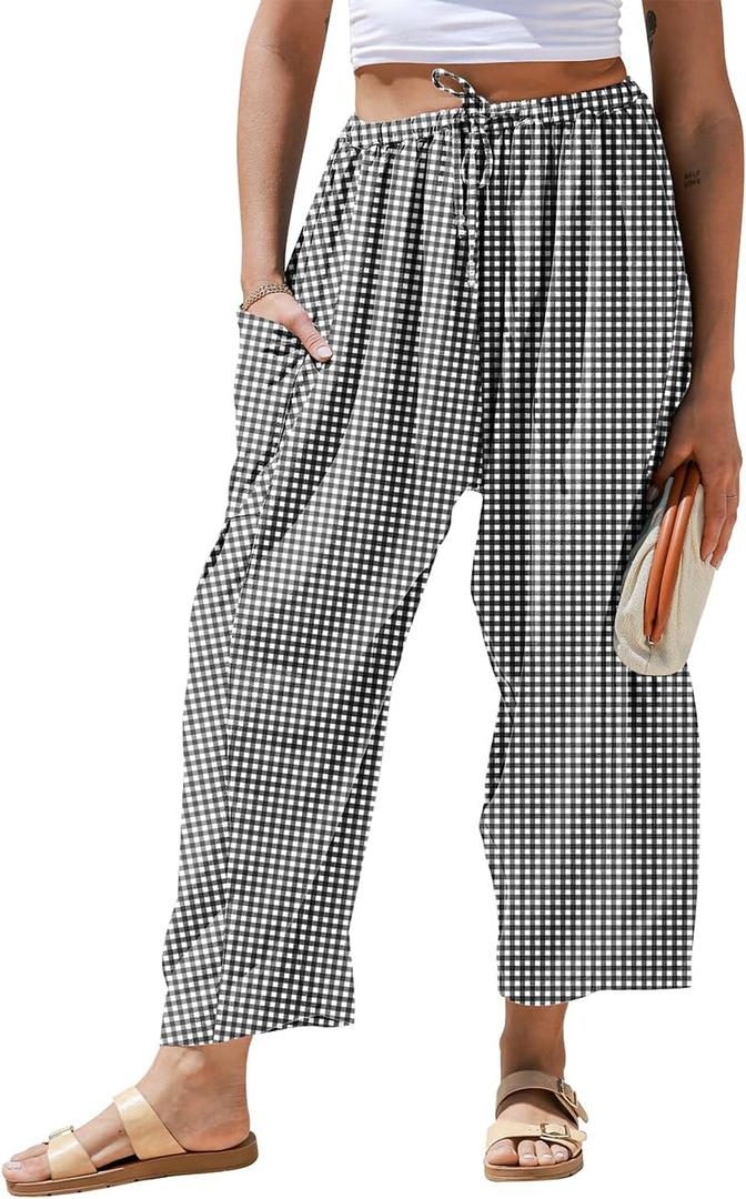 TARSE Womens Linen Wide Leg Striped Pants Casual Barrel Palazzo Harem Pants | Gingham Pants, Loose Fit Drawstring Baggy Pants, Side Pockets, Lounge Pants, Beach Travel Vacation Trousers L