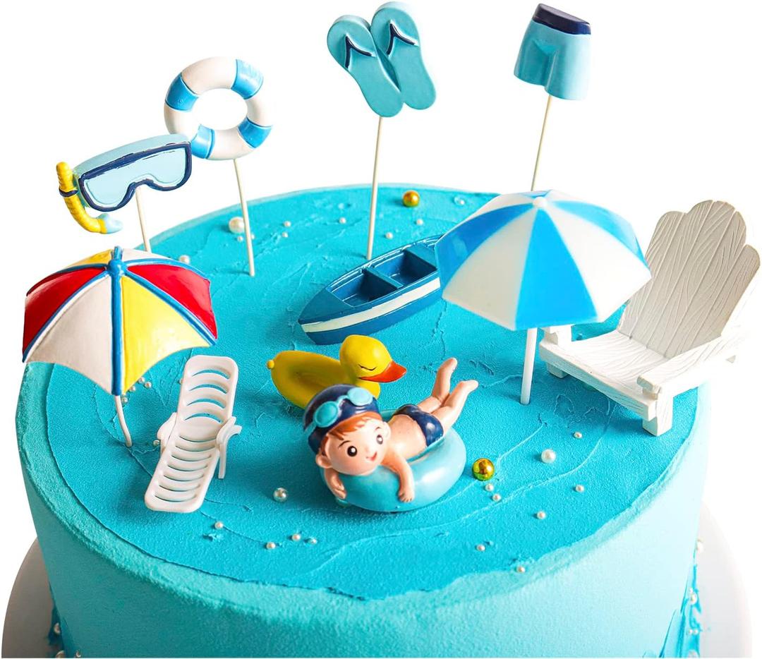 11 Pcs Swimming Pool Cake Decoration - Hawaiian Beach Chair Umbrella Cake Toppers for Summer Birthday Party Supplies, Blue, Small