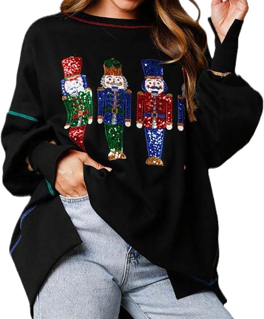 KMBANGI Women Christmas Nutcracker Sweatshirt Holiday Funny Graphic Pullover Top Oversized Crewneck Long Sleeve Shirts, XX-Large, Sequin Black