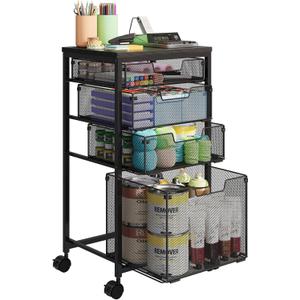 Rolling Storage Cart with Drawers, Utility Cart with Wooden Tabletop and Lockable Wheels Multifunctional Storage Organizer Craft Cart for Classroom, Bedroom, Bathroom, Office, Black