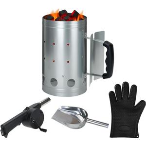 Charcoal Chimney, Charcoal Chimney Starter Coal Burner,Grill Chimney Charcoal Starter Tools Set of 4 Pieces Include Fire Gloves, BBQ Fan Air Blower, Charcoal Scoop for Grill Fireplace Accessories