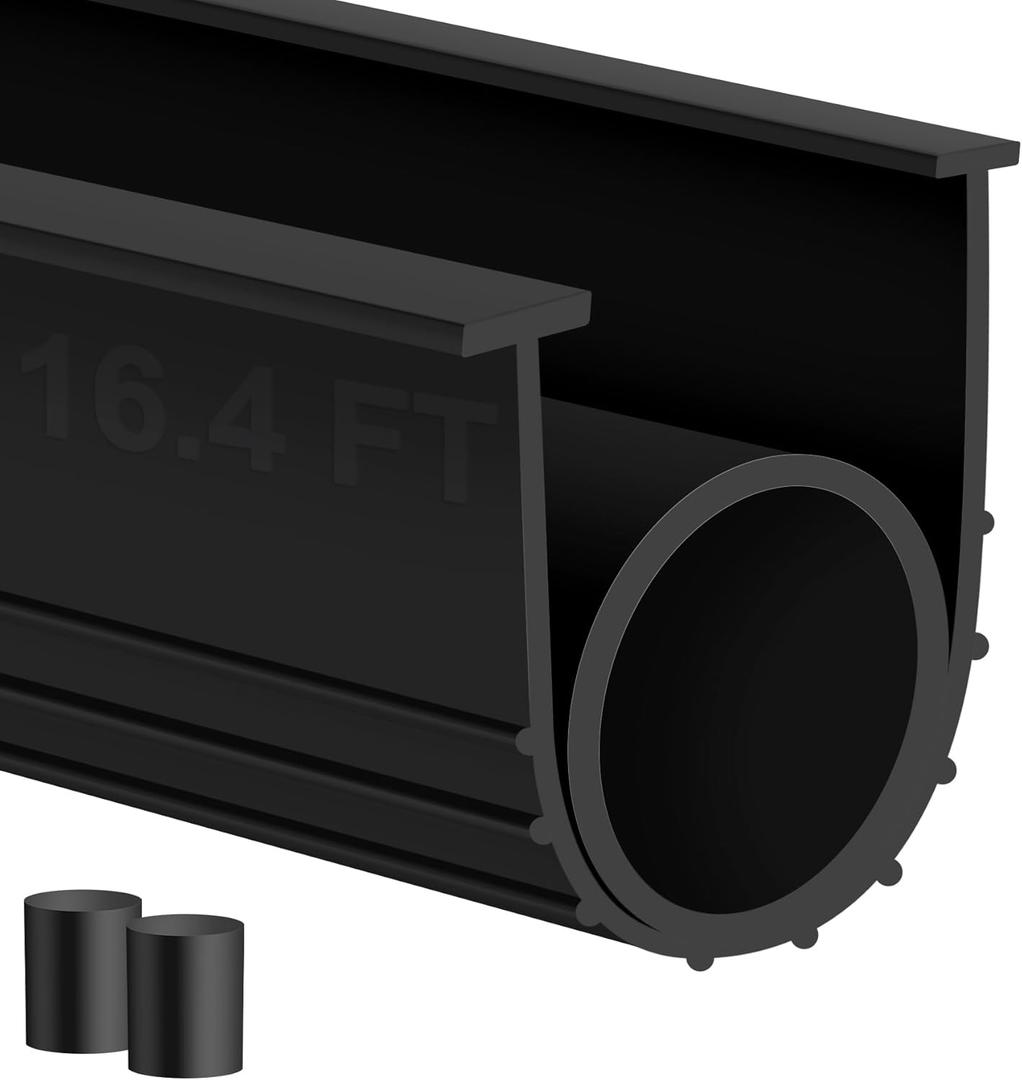 MYFAMIREA Garage Door Bottom Seals Rubber 16.4FT Weather Stripping Weatherproof Seal Replacement Strip Kit with 5/16"T Ends & 2 End Plugs, Universal U+O Ring Buffering Sealing for Double Track, Black
