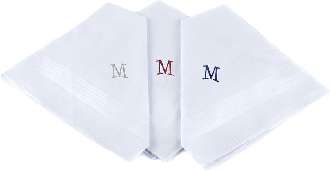 Initial Handkerchief for Men, Monogrammed Boxed 3 Piece Set,100% Cotton