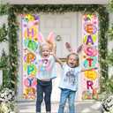 Happy Easter Porch Banner with Bunny Egg tulip Party Front Door Sign Spring easter backdrops Wall Hanging Spring Decorations for Home Office Farmhouse Holiday Decor