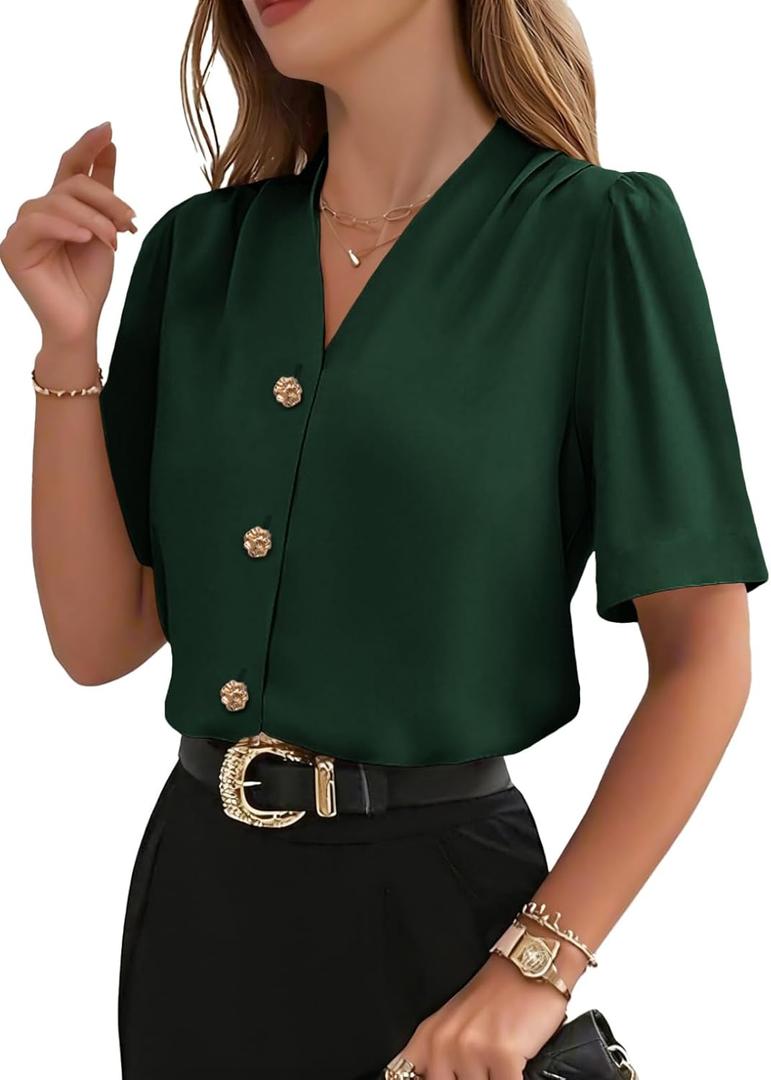 EVALESS Blouses for Women Dressy Casual Summer Short Sleeve Button Down Shirts Business Work Tops S